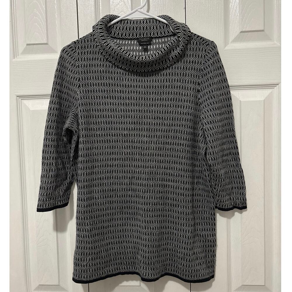 Talbots Woman Black Gray 100% Merino Wool Funnel Neck Sweater 1X Petite